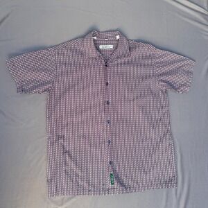 Ben Sherman Mens Large Short Sleeve Button Down Shirt Navy Red Geometric Circles